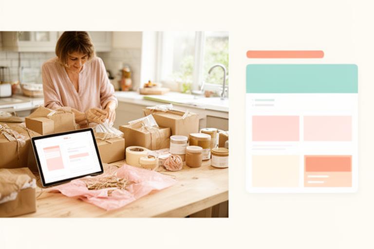 Maker working at a bright kitchen table with a tablet showing shipment task cards