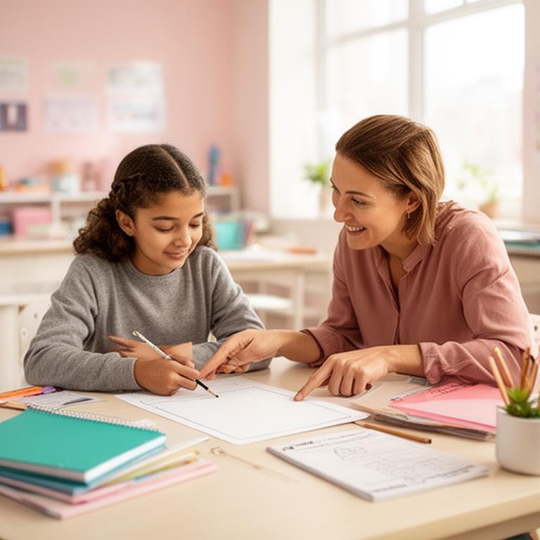 Tutor reviewing a lesson worksheet with a student at a bright classroom table