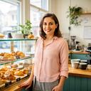 Coffee shop owner standing beside a pastry case in a bright independent cafe