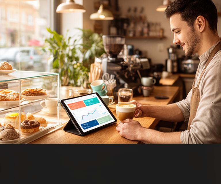 Barista serving coffee beside a tablet showing hourly shop sales in a warm neighbourhood cafe