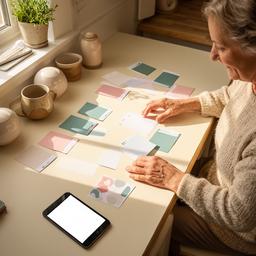 Kholiwe Easthope arranging a weekly task plan at a kitchen table
