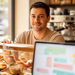 Nirvika Knoebel reviewing a task board beside a sunny bakery counter